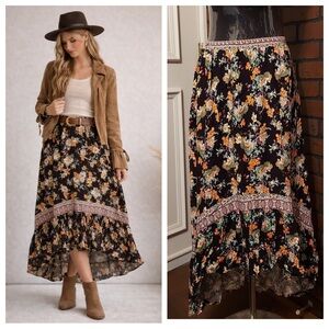 Brown Floral Midi Skirt Size M Boho Western Moody Fall
